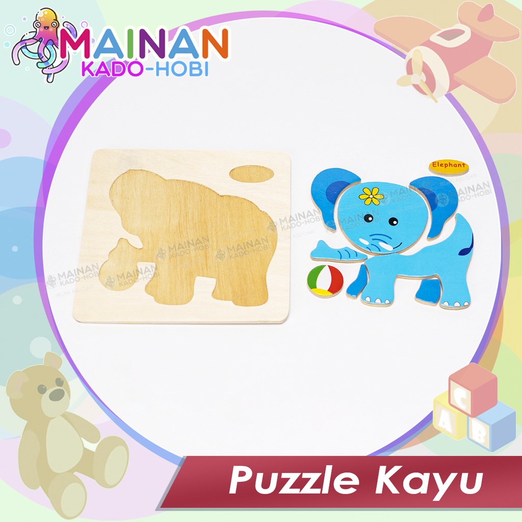 MAINAN ANAK MENGASAH OTAK PUZZLE KAYU JIGSAW PUZZLE KARAKTER ELEPHANT GAJAH