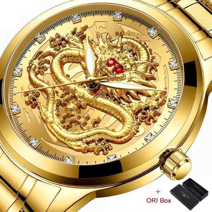 ±±± FNGEEN S336 Jam Tangan Pria Naga Emas Luxury Stainless Steel Quartz Original Anti Air Dragon Gol