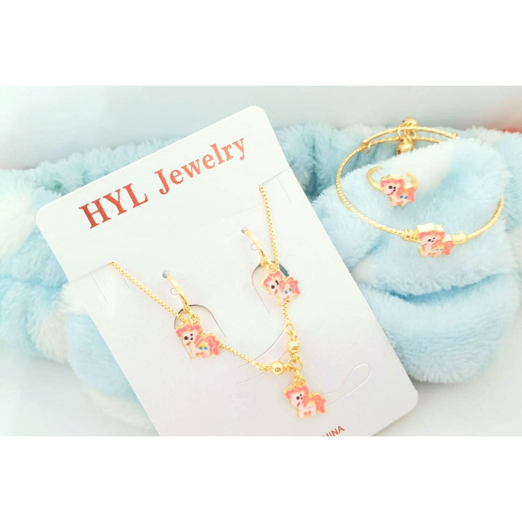 Paket Set Anak Kalung + Gelang + Cincin + Anting Unicorn Pink Gold Perhiasan Anak 737