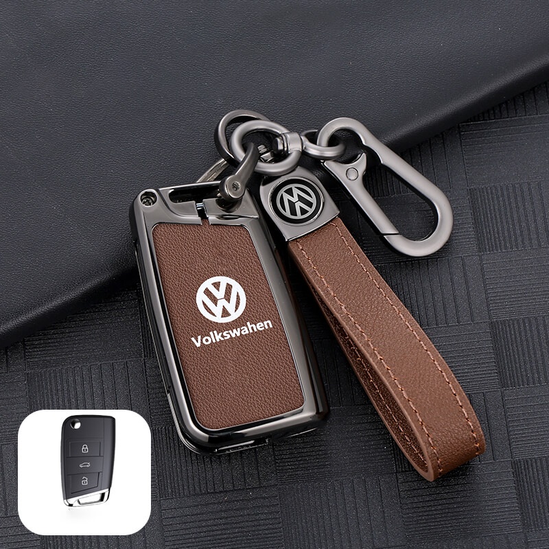 [Tersedia] Untuk Volkswagen Golf7 MK7 Tiguan MK2 Passat Remote Kunci Casing Zinc Alloy Leather Case Dengan Gantungan Kunci