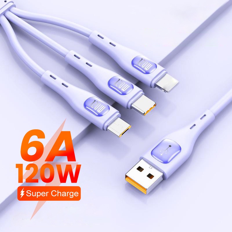 Lem Lembut Cair 120W 3-in-1 Kabel Pengisian Super Cepat Micro USB 6A Kawat Data Ponsel Untuk i-Phone14 13 Type C Android