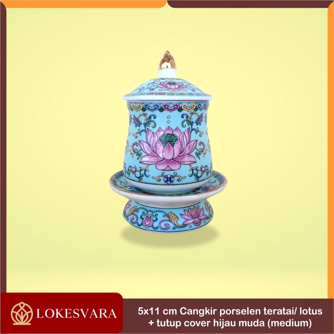 Cangkir Sembahyang Altar Puja Porselen Motif Teratai + Tutup Cover