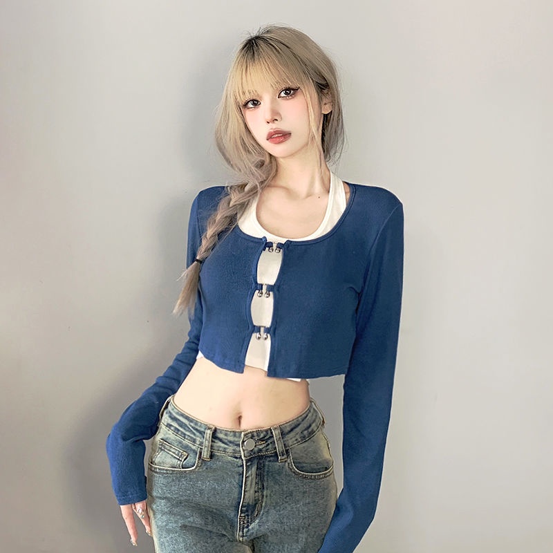 ✆☃Suhao Rapcopter American Hollow Kardigan Rajut T-shirt + Menggantung Leher Rompi Dua Potong Wanita Slim Hot Gadis Pendek top