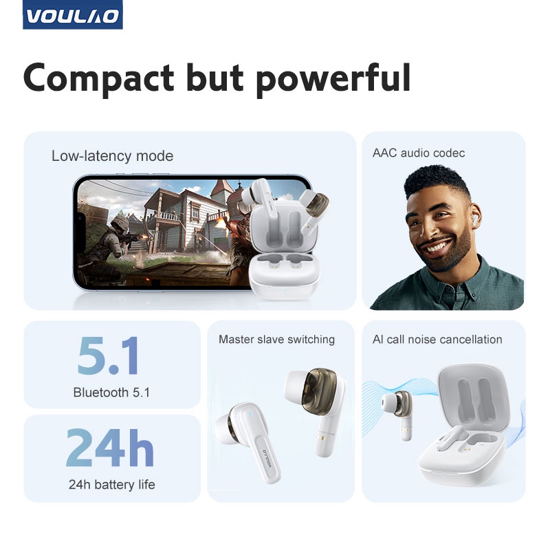 VOULAO VL6 Headset Bluetooth 5.1 TWS Earphone HD Wireless Earbuds Mendukung Android/IOS With Microphone HIFI Stereo