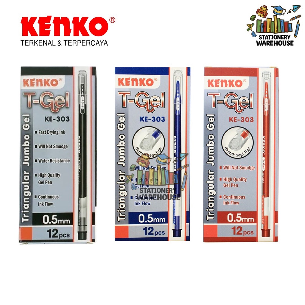 Gel Pen KE-303 T-Gel Triangular 1 LUSIN KENKO / Pulpen / Pena 0.5 MM BLACK BIRU RED WHITE GOLD