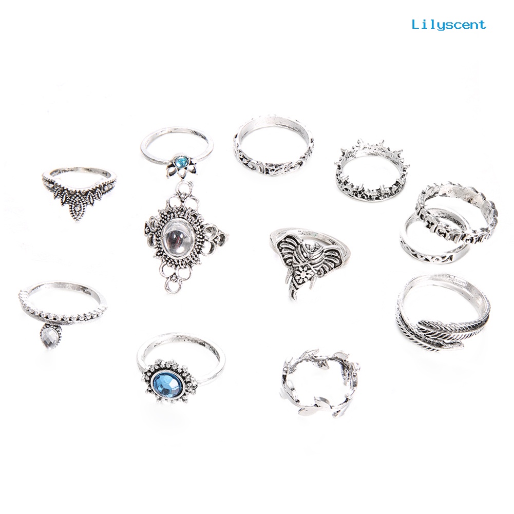 [LS]12Pcs Wanita Vintage Boho Faux Gemstone Rhinestone Perhiasan Berlian Imitasi Knuckle Susun Rings