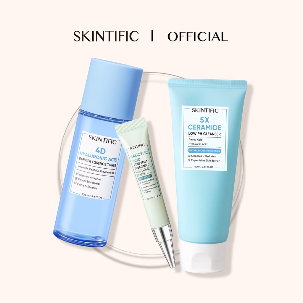 SKINTIFIC - 5X Ceramide Low Ph Cleanser Gentle Cleanser Face Wash Sabun Cuci Muka Pembersih Pencuci Muka & 4D Hyaluronic Acid (HA) Barrier Essence Toner Toner Pelembab & Salicylic Acid Acne Spot Treatment Gel 12 Hours Cure Acne Totol Jerawat【BPOM】