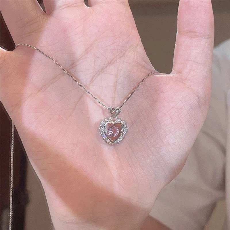 Ladies Kreatif Wanita Wanita Korea Klavikula Kalung Berongga Merah Muda Kristal Hati Pernikahan Liontin Kalung Pesona Kalung Vintage Gadis Elegan Rantai Kalung Choker Necklace