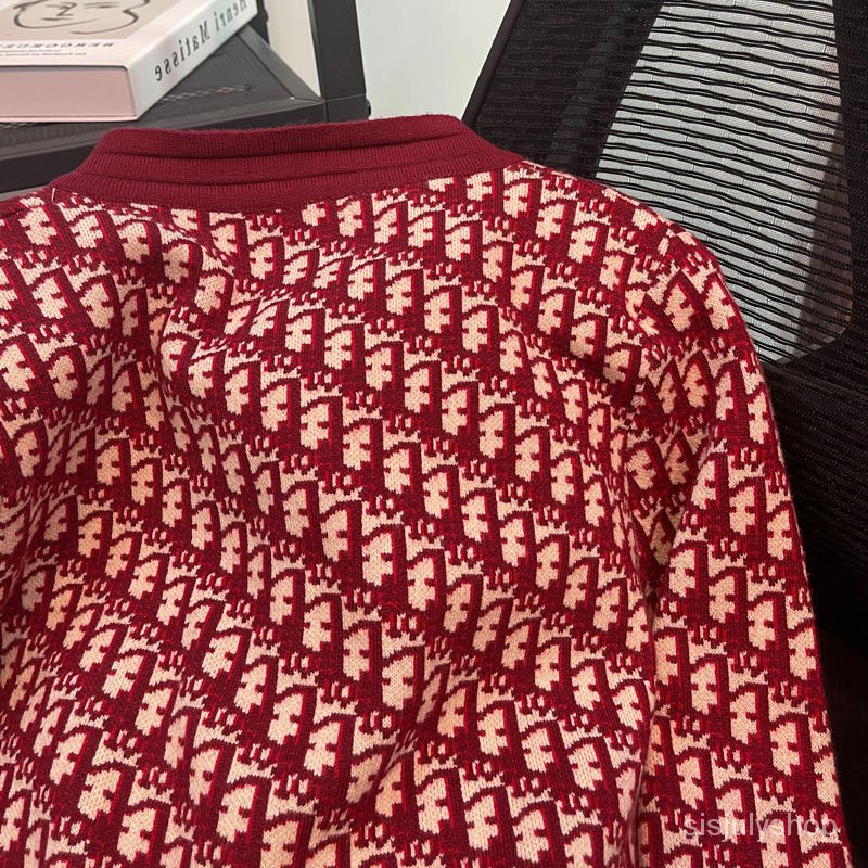 #Sisjuly# Jaket chambray merah Prancis wanita atasan rajutan busur vintage baru