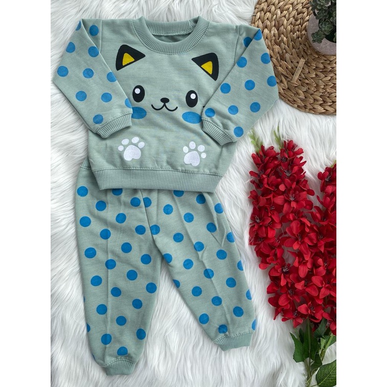 setelan sweater laki laki perempuan lucu murah motif kucing pulkadot 3 bulan - 5 tahun S,M,L