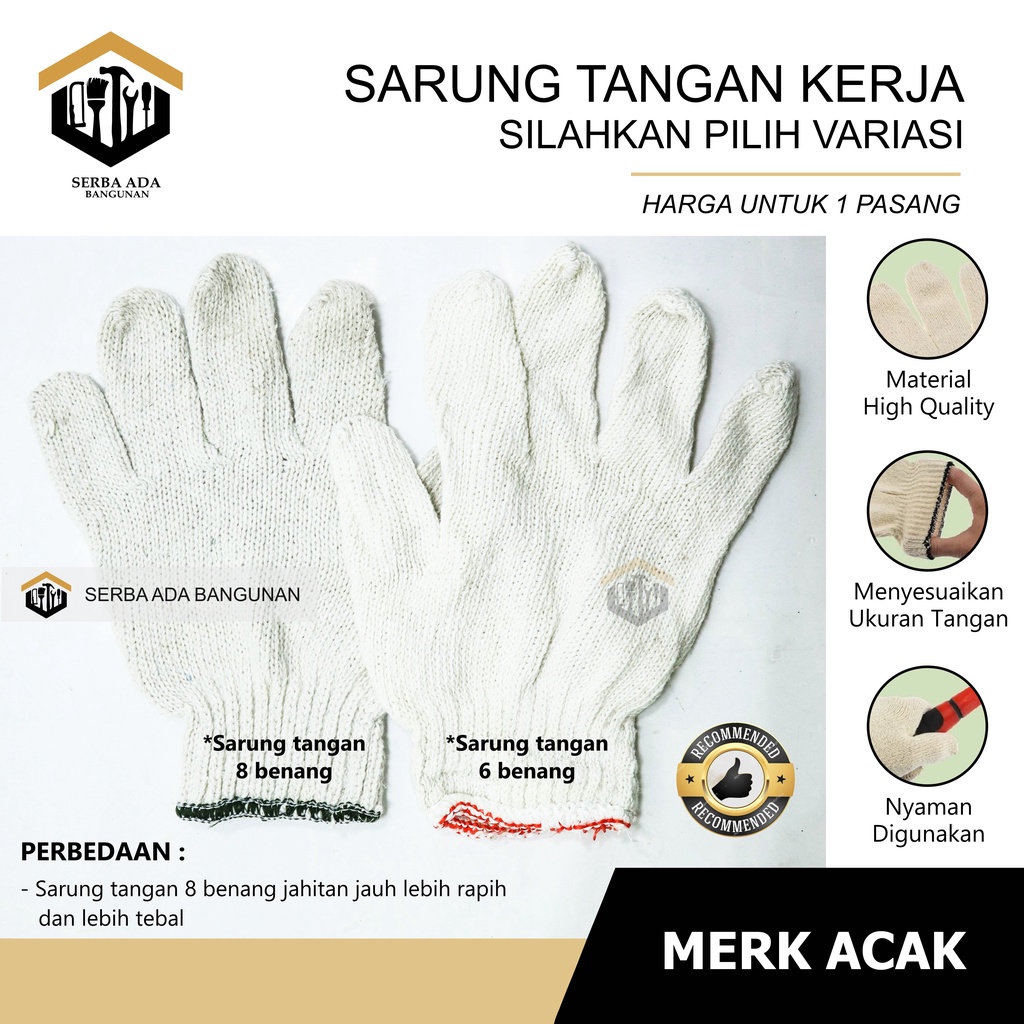 SARUNG TANGAN RAJUT KATUN TIPE BENANG 6 - 8 PUTIH HAND GLOVES PER PCS