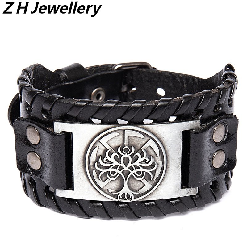 [Z H Perhiasan] Hip Hop Rock Retro Viking Fashion Pria Stainless Steel Kulit Pohon Kehidupan Gelang Gelang Pesta Perhiasan Aksesoris