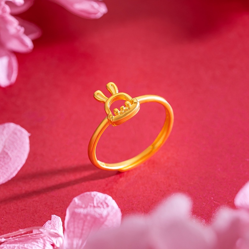 Goldkingdom Perhiasan Fashion Emas Asli Kadar 375 Bangkok Aksesoris Ready Stock Lembut Manis Adik Kelinci Anak Cincin Segar Dan Indah Berongga Zodiak Kelinci Cincin