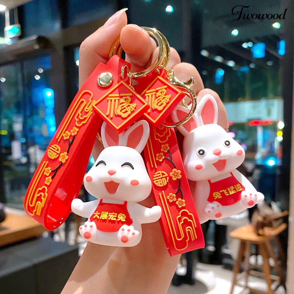 Twowood Rabbit Key Chain New Year Zodiak Maskot Harapan Terbaik Merah Hias Motif Bunga Tas Sekolah Bunny Key Pendant Hadiah
