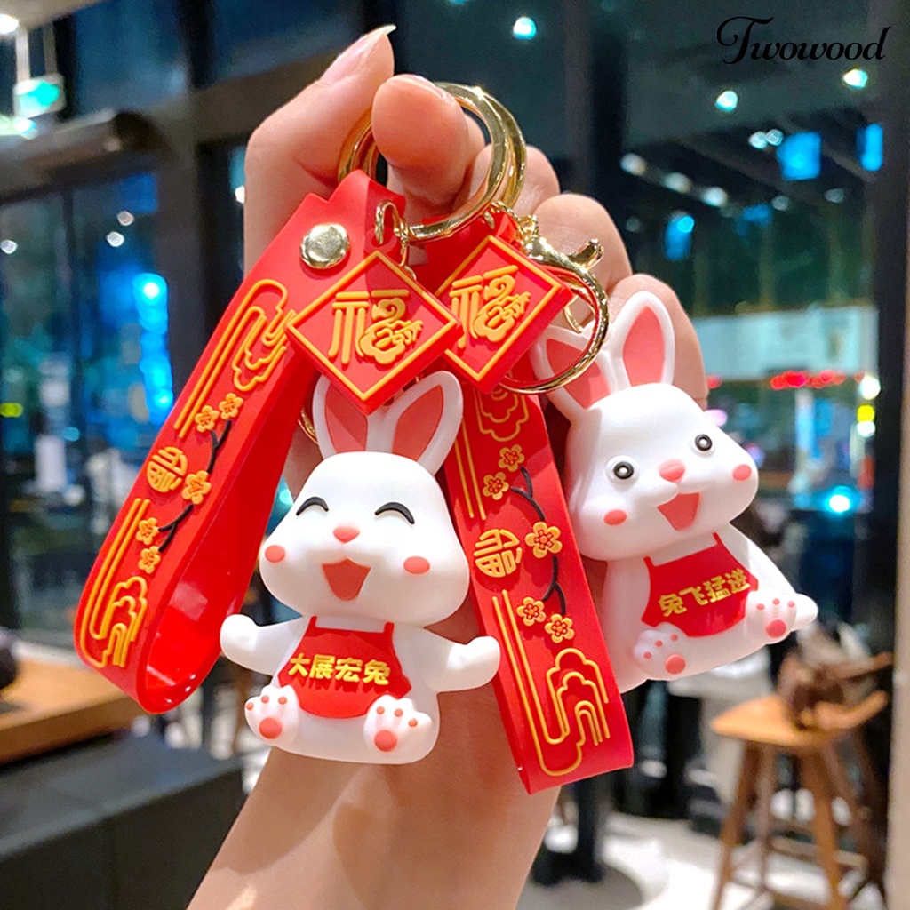 Twowood Rabbit Key Chain New Year Zodiak Maskot Harapan Terbaik Merah Hias Motif Bunga Tas Sekolah Bunny Key Pendant Hadiah