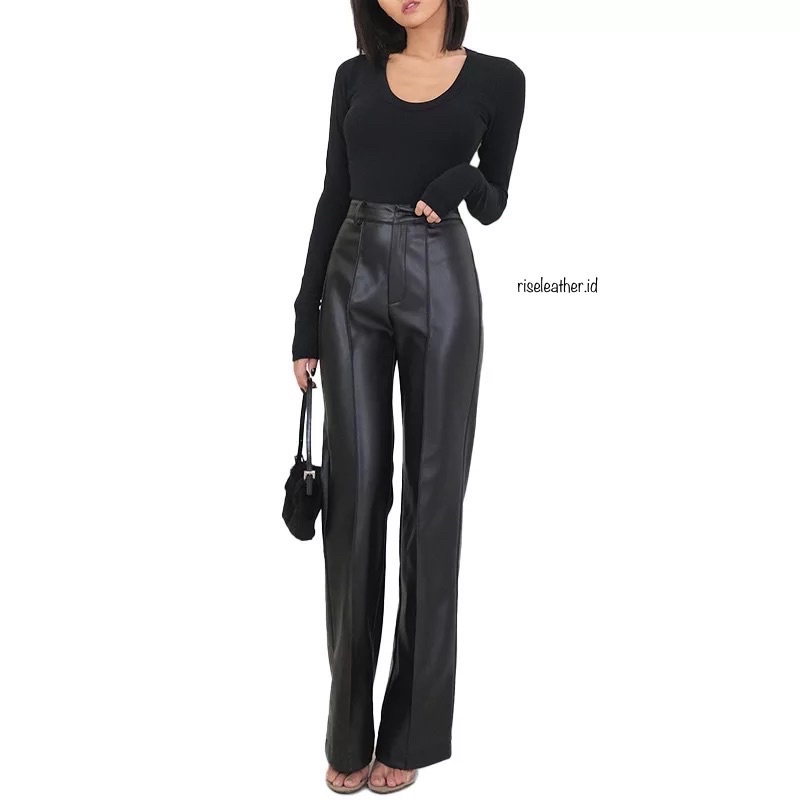 Celana kulit wanita / pants leather stripped mode stretchy by Rise's