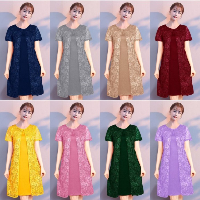 DRESS SATIN BRUKAT EVITA BIG SIZE L - XL MIDI DRESS ACARA NATAL DRESS KONDANGAN DS08