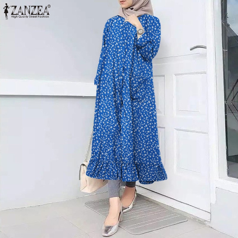 ZANZEA Women Button Down Front Long Sleeve Ruffles Hem Muslim Long Dress