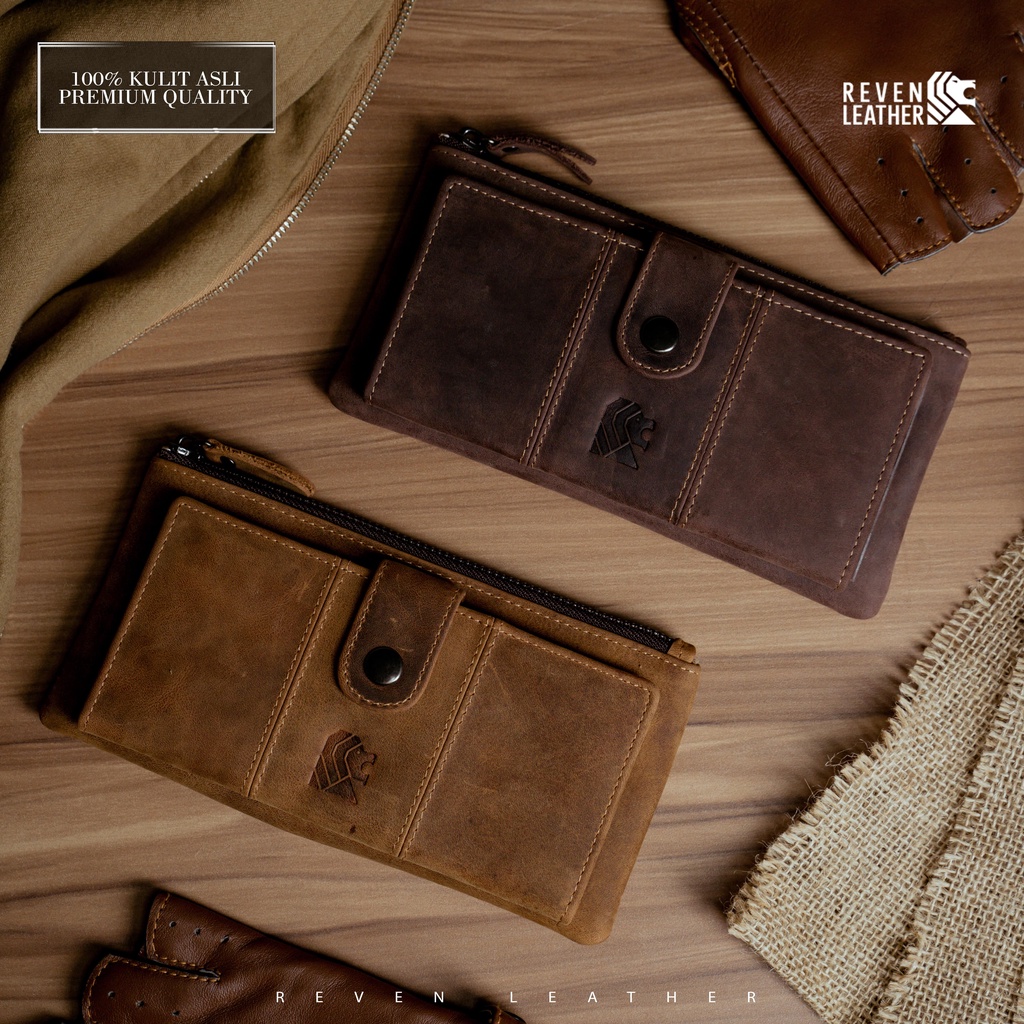 Dompet Panjang Pria Kulit Sapi Asli 100% BILFOLD WALLET Fashion Cowok Original Muat HP Android dan Uang Tunai Slot Kartu Banyak by Crown Leather CrownLeather Store