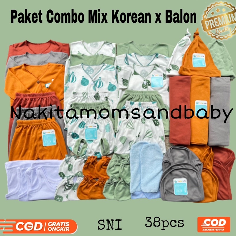 38pc Paket Komplit Combo Mix Korean balon Perlengkapan Baju Bayi celana kado sarung tangan waslap singlet Baru lahir SNI Promo 8.8