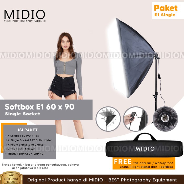 Fathonah_347- Paket Softbox Midio E1 Softbox 60X90 + Stand 2M Lampu Vlog Youtuber