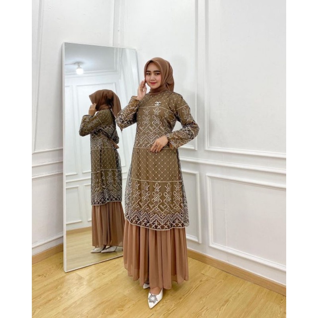 Dress Tile Bordir Mix Ceruty Malaysia / Gaun Pesta / Kondangan /Couple Ibu Anak