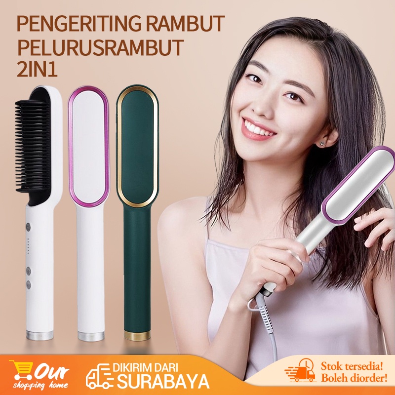 Catok Sisir Pelurus Rambut Hair Straightener Curler 2 in 1 catokan sisir listrik / Sisir Rambut Lurus Ion Negatif