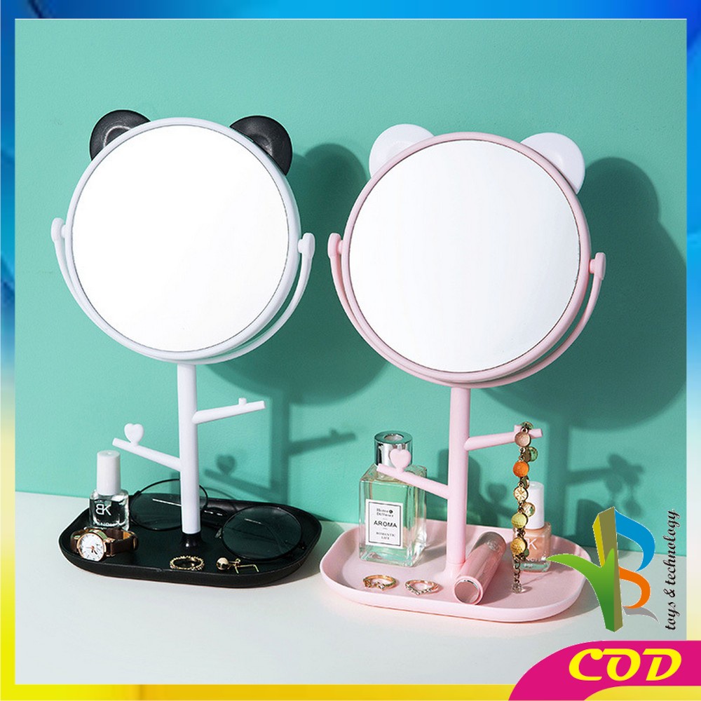 RB-K91 Cermin Motif Telinga Panda Serbaguna / Kaca Meja Rias Bulat Lucu / Standing Mirror Makeup Desktop Rotating Multifunction