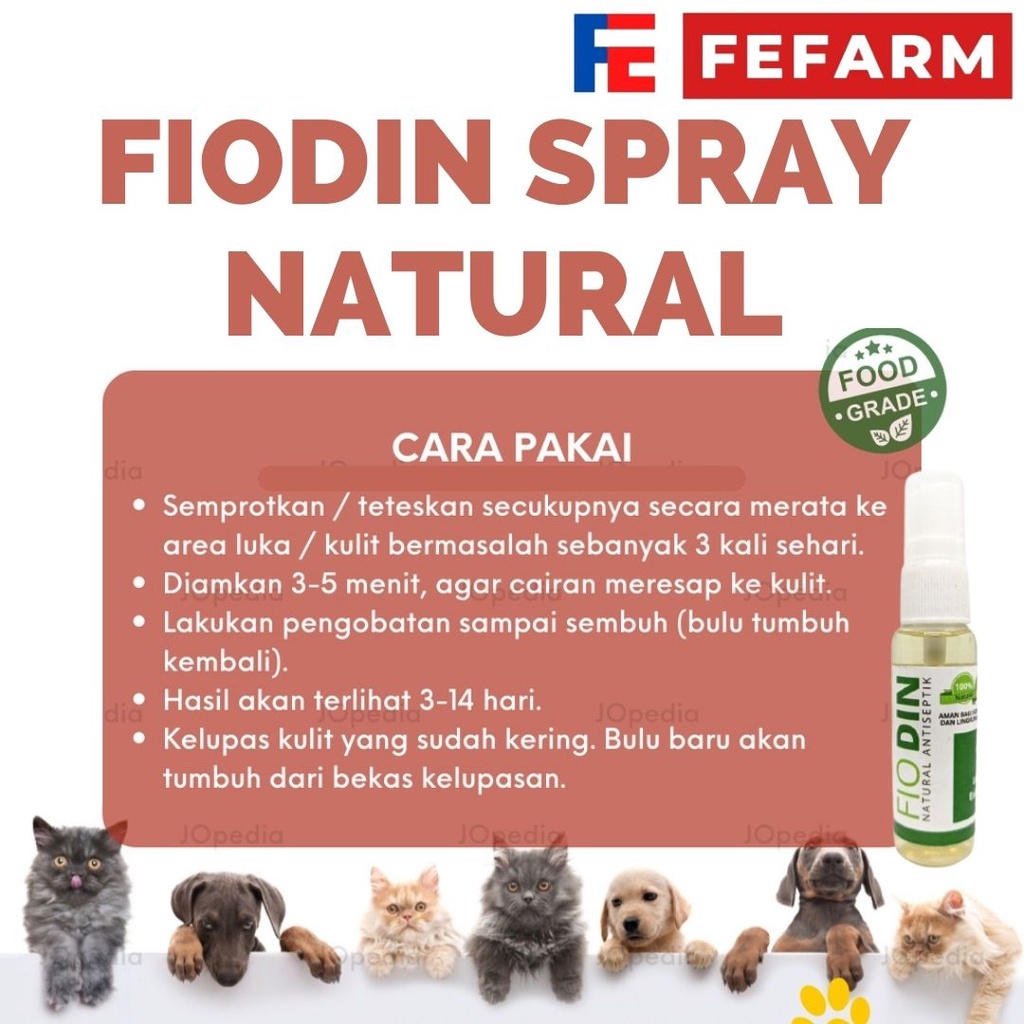 FIODIN SPRAY NATURAL - Obat Skabies Demodex Gatal Luka Jamur Borok Hewan Anjing Kucing FEFARM