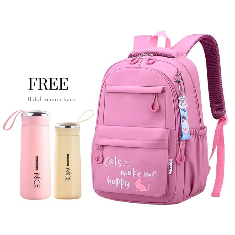 Ransel Wanita Terbaru Backpack Korea Tas Sekolah Remaja Cats Happy Free Botol Nicee STYLE Anak Remaja