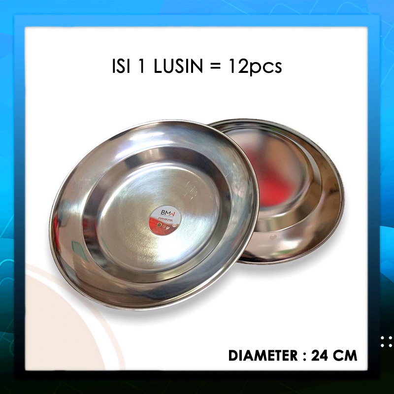 1 Lusin Piring Makan Stainless Diameter 24 cm / BMW Bahan Tebal Higienis Murah / Piring Makan Stainless Bulat