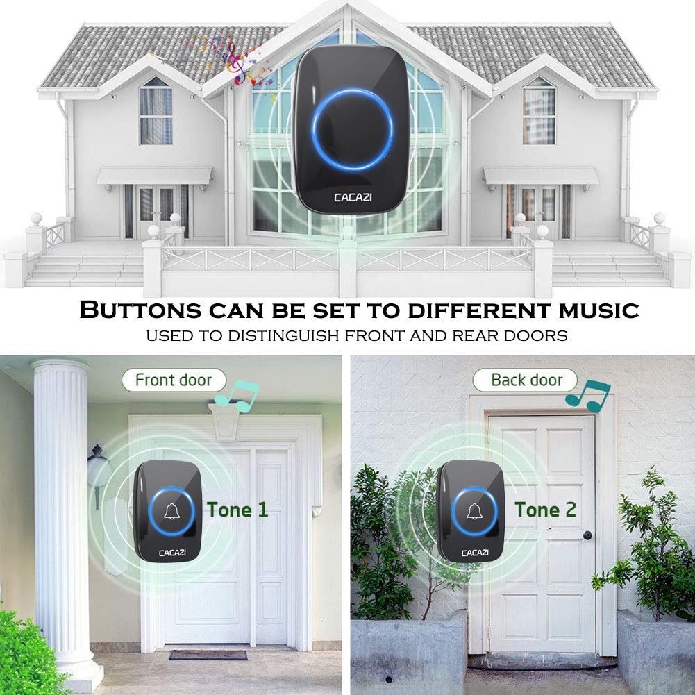 CACAZI Bel Pintu Wireless Doorbell Waterproof 2 Transmitter 2 Receiver - Black - 7RHA3GBK