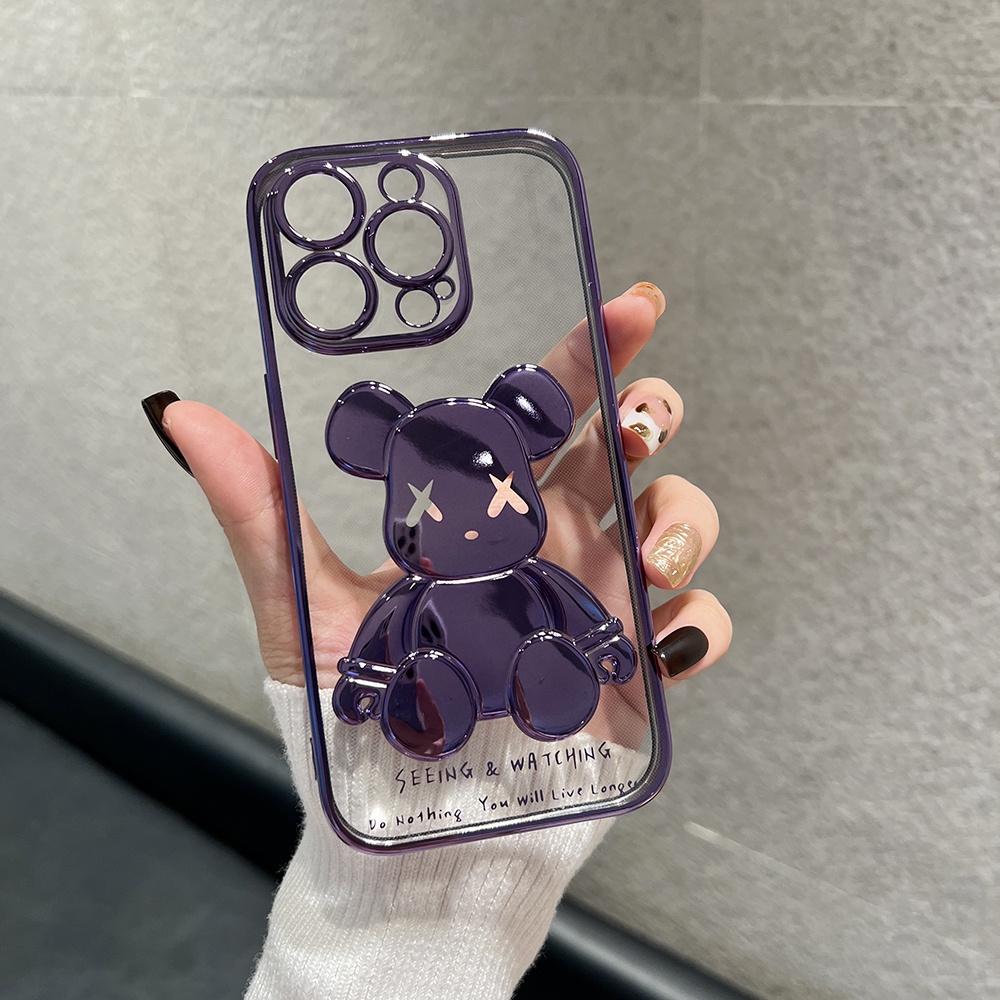 IPHONE Fashion Purple Bear Plating Phone Case Untuk Iphone13Mini12 11 Pro Max XS XR X8 7 6 6S Plus Se2020 Transparan Silikon Full Cover