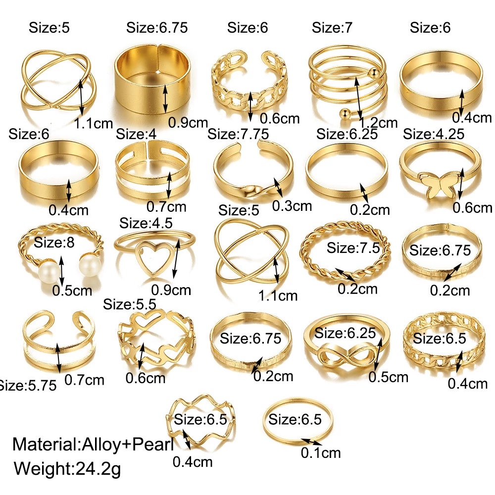 22buah Set Cincin Jari Multi Bersama Cincin Pesta Fashion Perhiasan Indah Hadiah Wanita Ladies Adjustable Terbuka Elegan