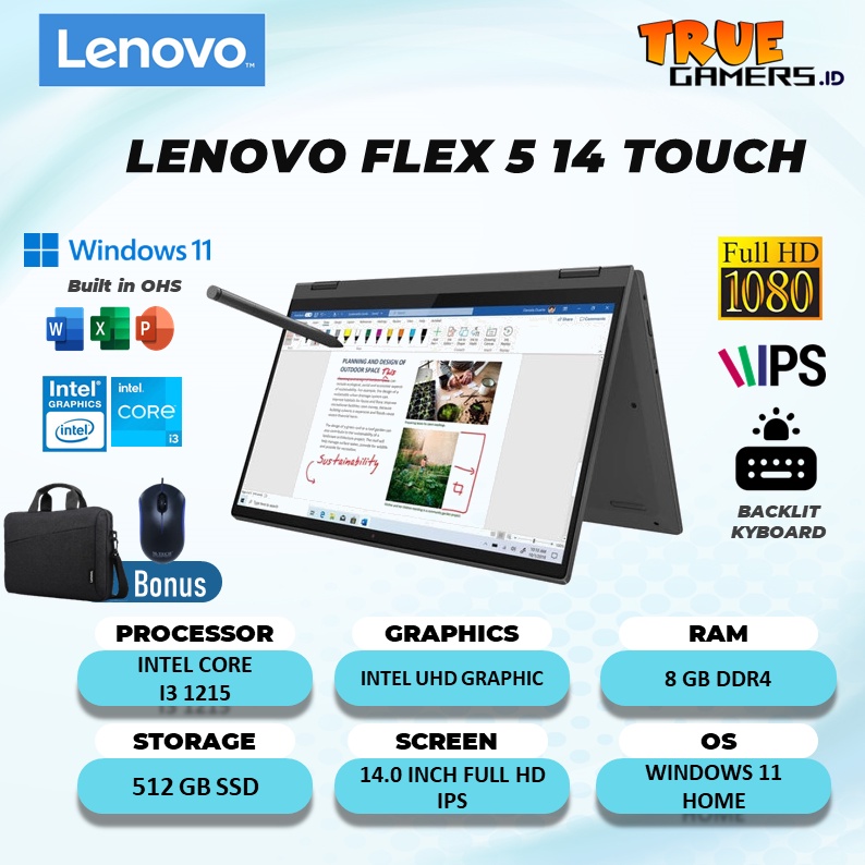 LENOVO FLEX 5 14 2IN1 TOUCH INTEL I3 (GEN 12) RAM 8GB 512SSD WIN 11 OHS  GARANSI 2YR