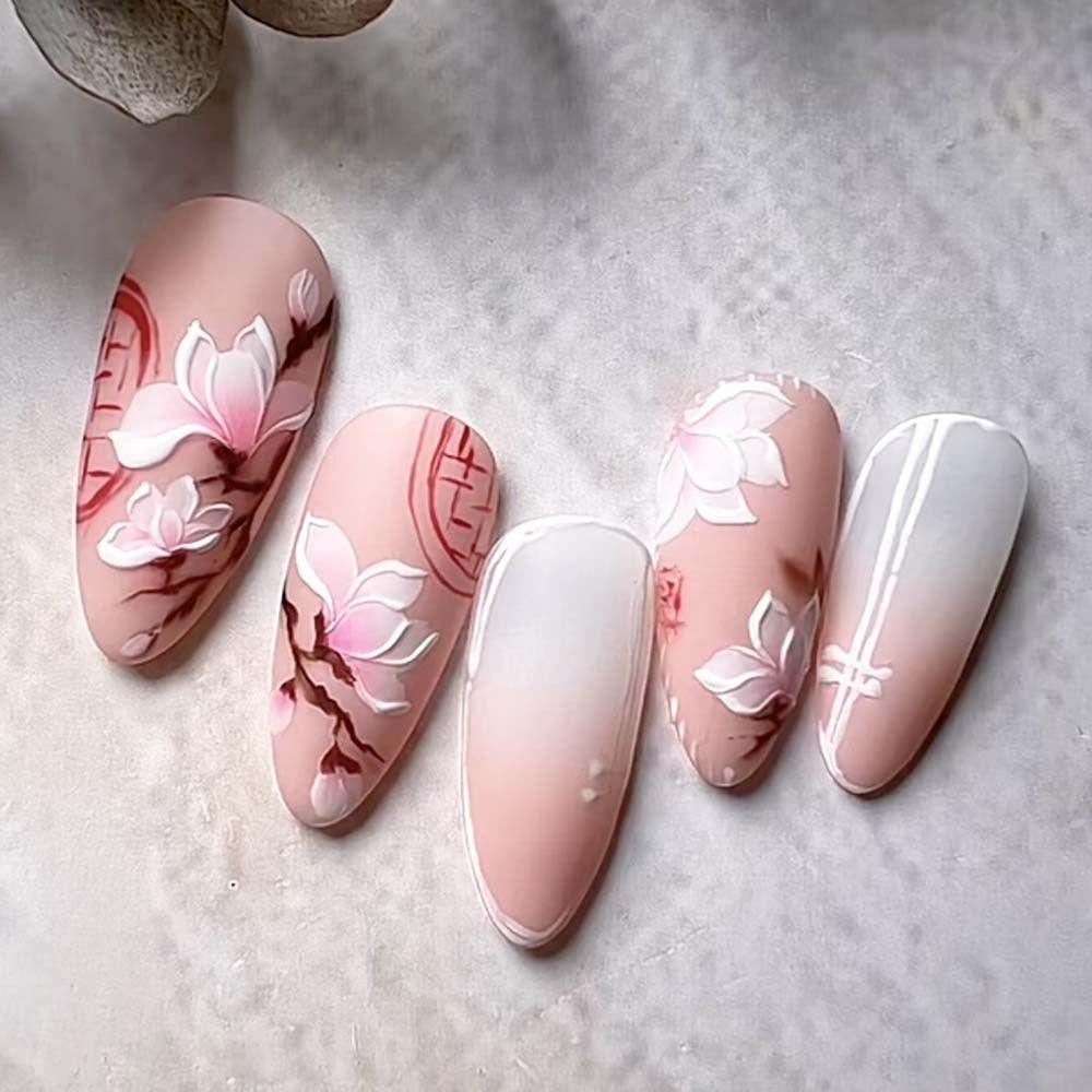 NEEDWAY Stiker Kuku Cina Wanita Jepang Self-adhesive Manicure Aksesoris Magnolia Bunga Putih Nail Art Dekorasi