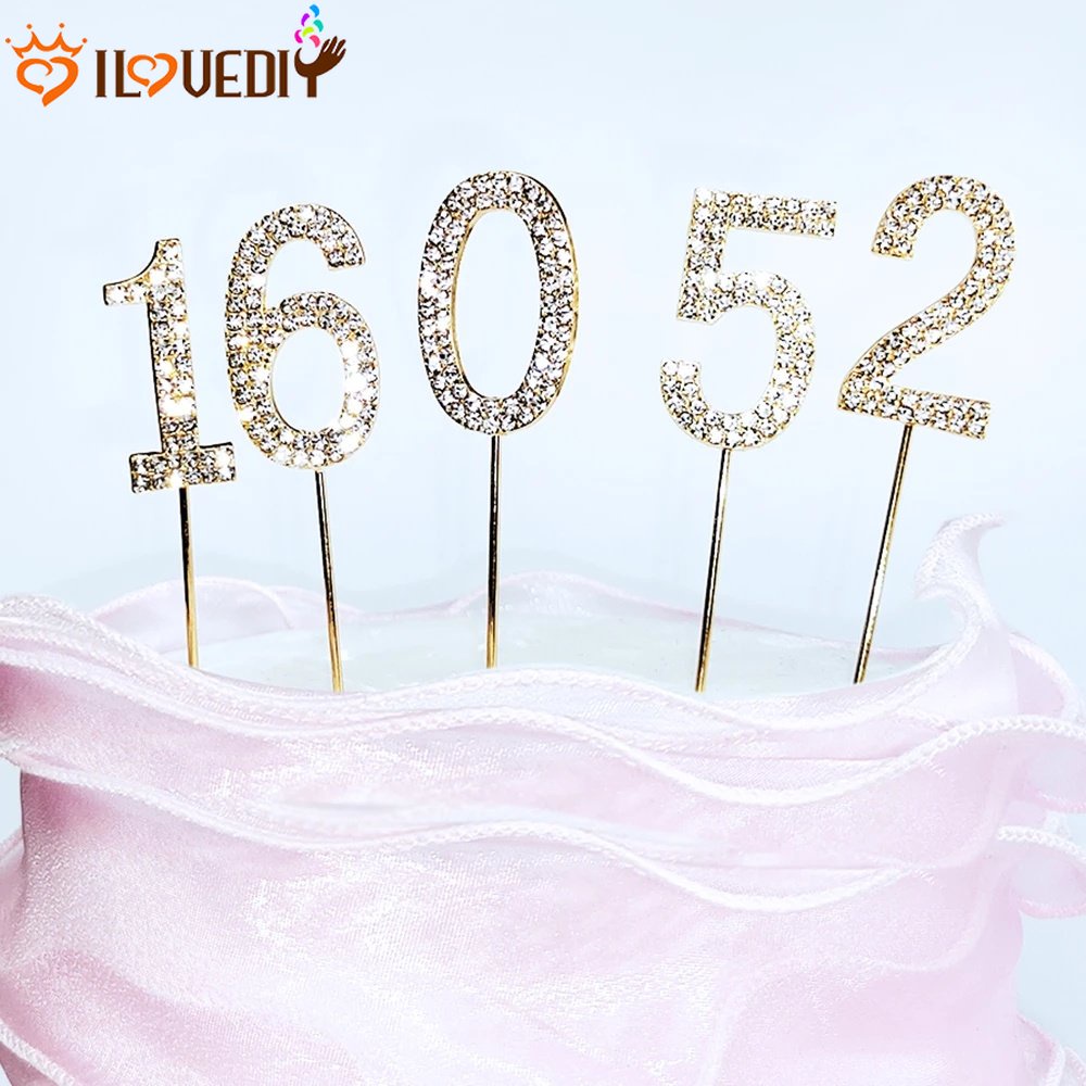 0-9 Angka Topper Kue Stick Muffin Ice Cream Ornamen Emas Rhinestones Digit Insert Card Halus Dessert Dekorasi Aksesoris Untuk Ulang Tahun Pernikahan Anniversary