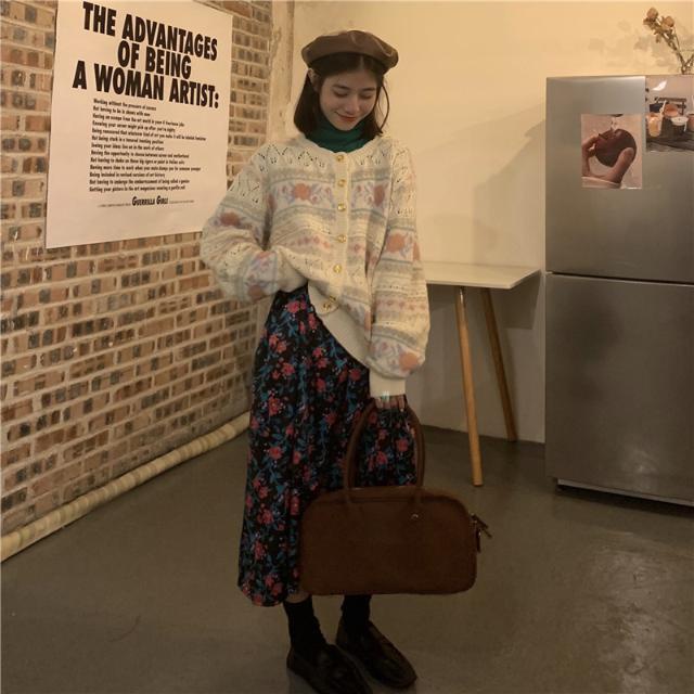 Suhao setelan dua potong dalam jaket sweater kardigan angin malas retro antik + rok kuncup pinggang tinggi retro wanita
