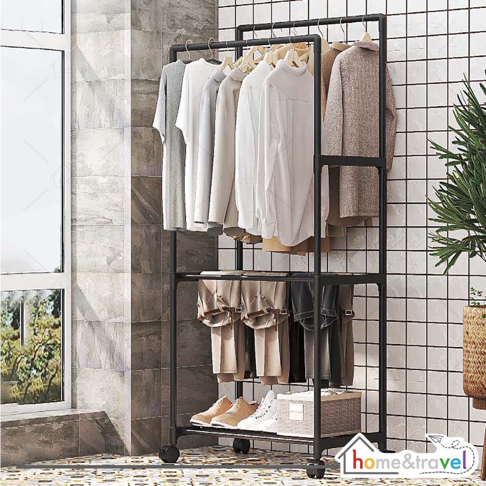 HOVELSHOP Rak Baju Gantung Besi Stand Hanger Celana Rok Multifungsi dengan 4 Roda