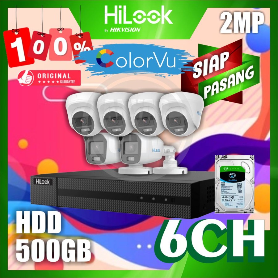 Paket CCTV HiLook 2MP COLORVU 6 KAMERA HDD 500G SIAP PASANG