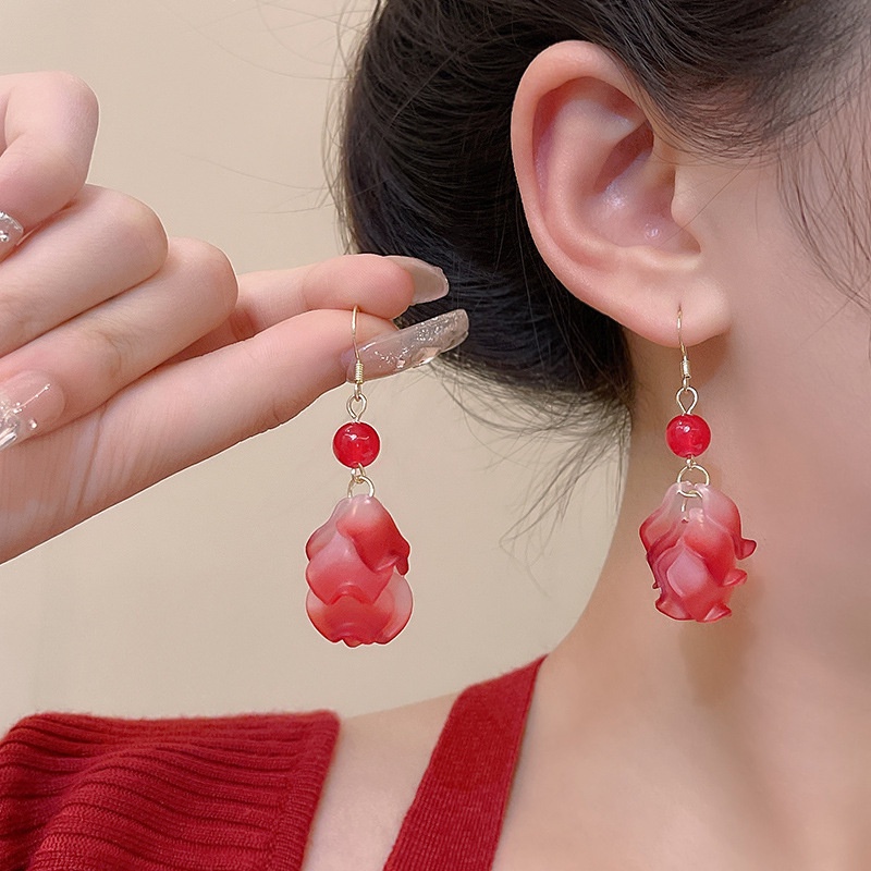 Retro Bunga Merah Rumbai Gaya Baru Anting Mode Temperamen High-End Gaya Baru