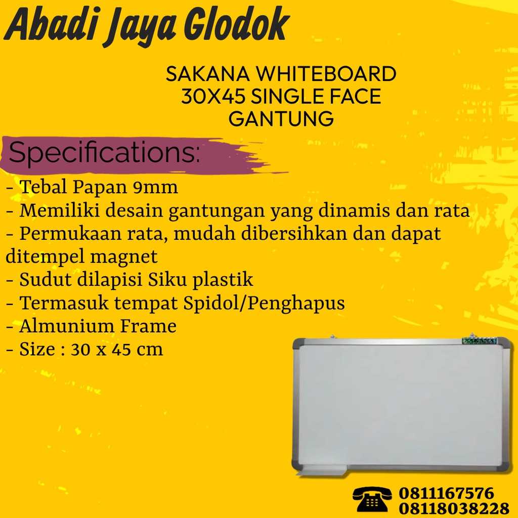 

SAKANA WHITEBOARD 30X45CM SINGLE FACE GANTUNG