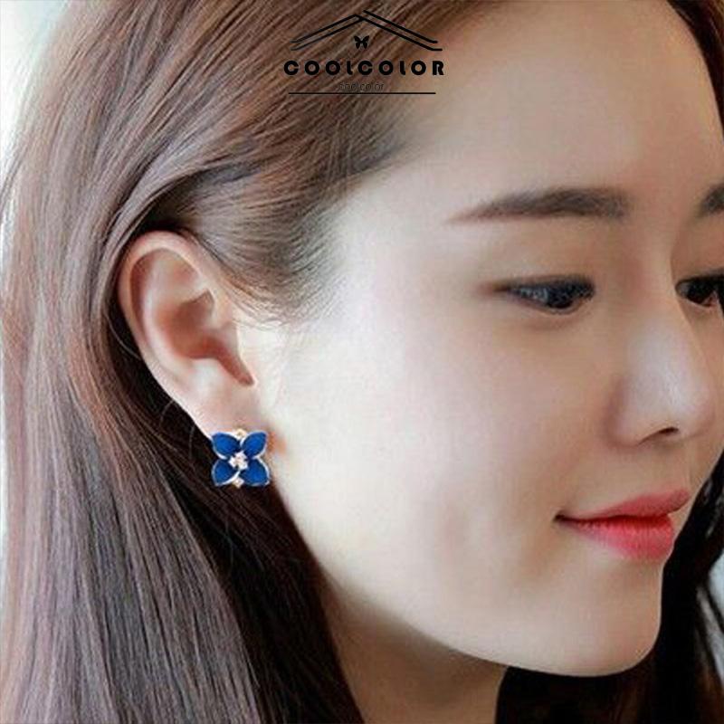 COD❤️Anting Bunga Empat Kelopak Tatahan Berlian  Meneteskan Minyak   Perhiasan Halus Halus- cl