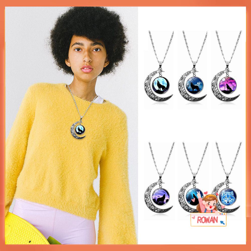 R-flower Howling Wolf Kalung Wanita Liontin Kalung Perhiasan Bulan Bersinar