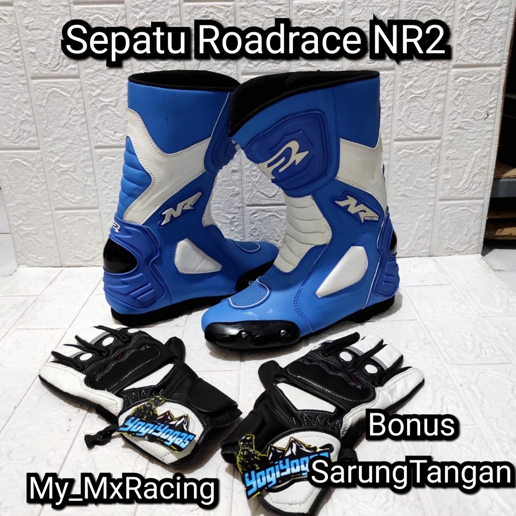 sepatu roadrace  bonus sarung- sepatu balap BLUE WHITE - sepatu touring keren - bots - bots drag or cornering - balap -sepatu bots safety terlaris enduro hard - bots keren - kualitas premium jahitan rapih - original produk negeri - NR2