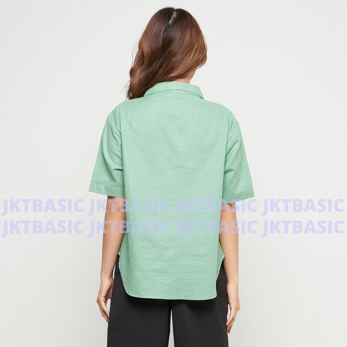 Terbaru Kemeja Wanita Linen Lengan Pendek Hijau Sage Green Open Collar Shirt