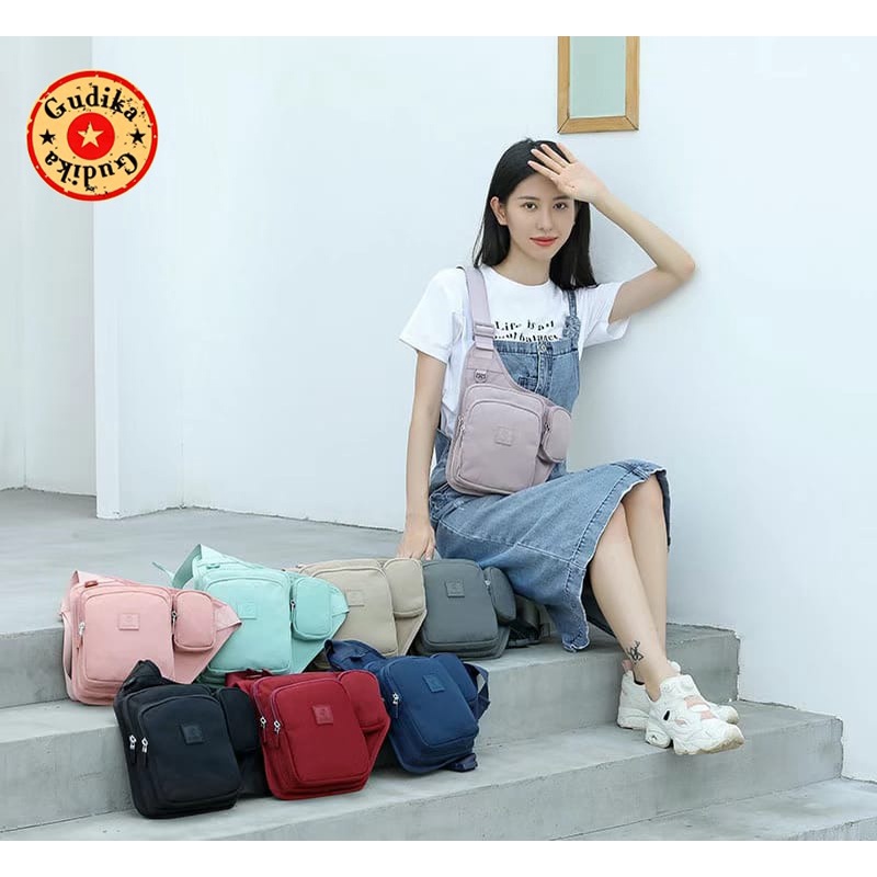 GUDIKA 5213 - Tas Waistbag Wanita Kekinian Import Original Terbaru Bahan Nilon Waterproof Anti Air Sling Bag Premium Korea bisa muat banyak barang banyak slot kocek terlaris - tas wanita - tas cewek - tas kerja - tas pinggang - gudika bag - tas gudika