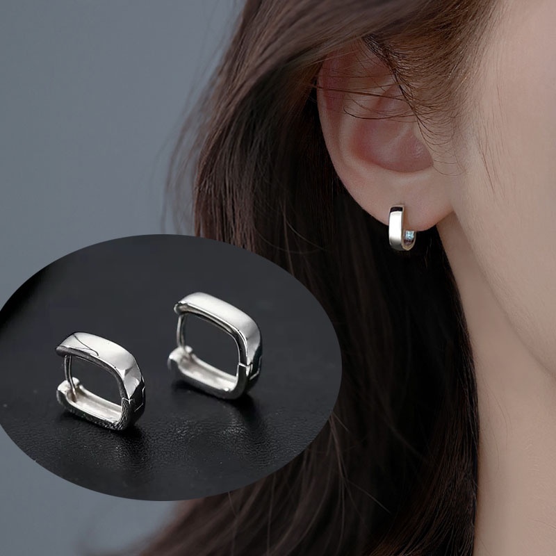 Anting Hoop Persegi Geometris Silver Halus Untuk Perhiasan Pesta Wanita Aksesoris Minimalis