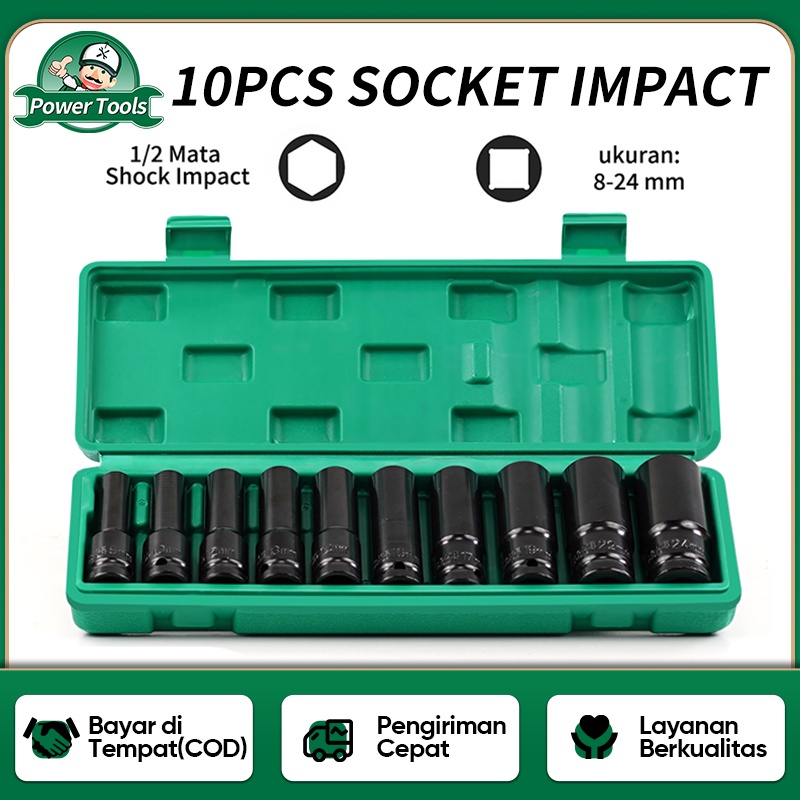 ISKU Mata Shock Set Extention Impact 1/2 8-24mm Kunci Socket Set 10 pcs High Carbon Steel Kuat dan Tahan Lama Extention Pajang Mata Sock Set Motor Car Repair Tool Baru Bersegel