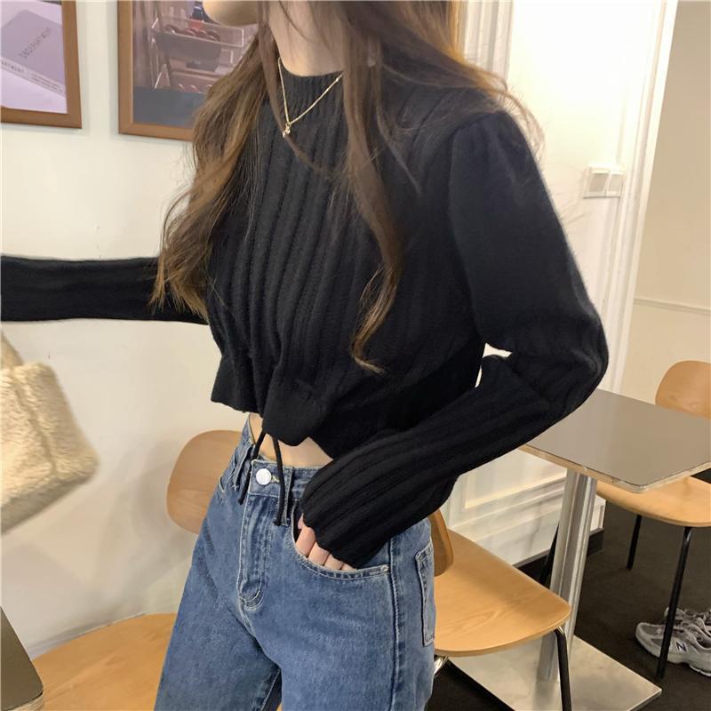 Atasan Wanita Korea Rajut Crop Lengan Panjang Vintage Polos Sweater